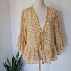 Rebellion Again Cardigan Tie Bell Sleeves Yellow Women's Medium Crochet Trim